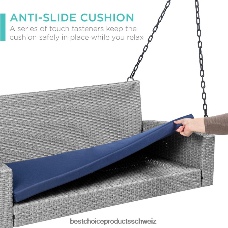 Best Choice Products Hängeschaukelbank aus geflochtenem Korbgeflecht mit Befestigungsketten und Sitzkissen grau/marine 2JD0221435