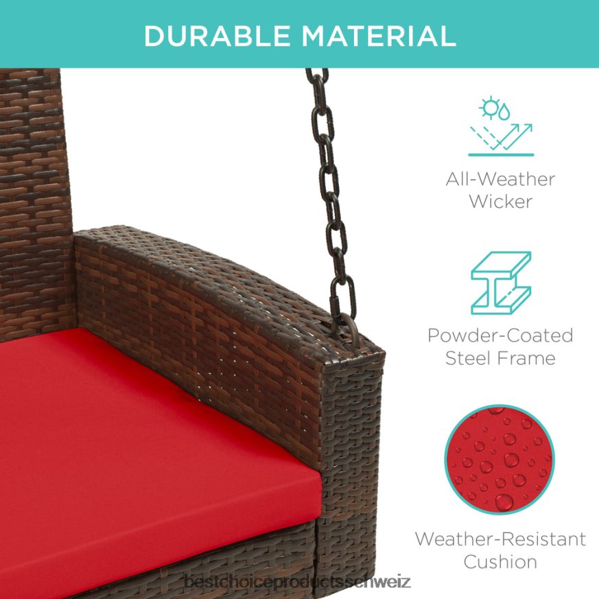 Best Choice Products Hängeschaukelbank aus geflochtenem Korbgeflecht mit Befestigungsketten und Sitzkissen rotbraun 2JD0221434