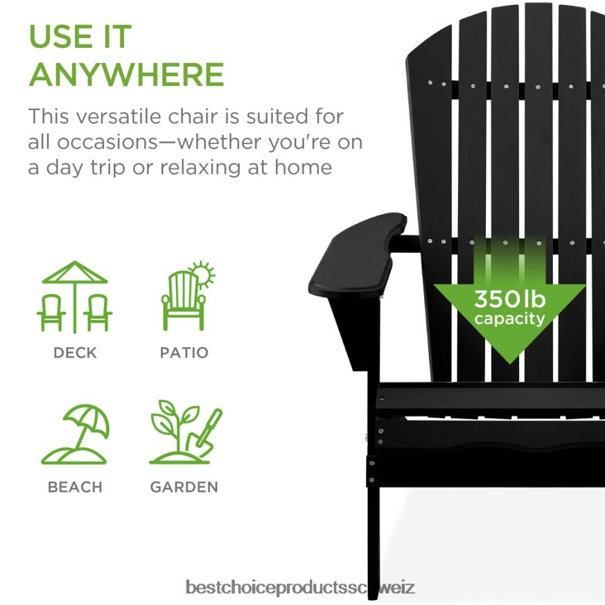 Best Choice Products Klappbarer Adirondack-Stuhl aus Holz, Akzentmöbel mit natürlicher Holzmaserung Schwarz 2JD022748