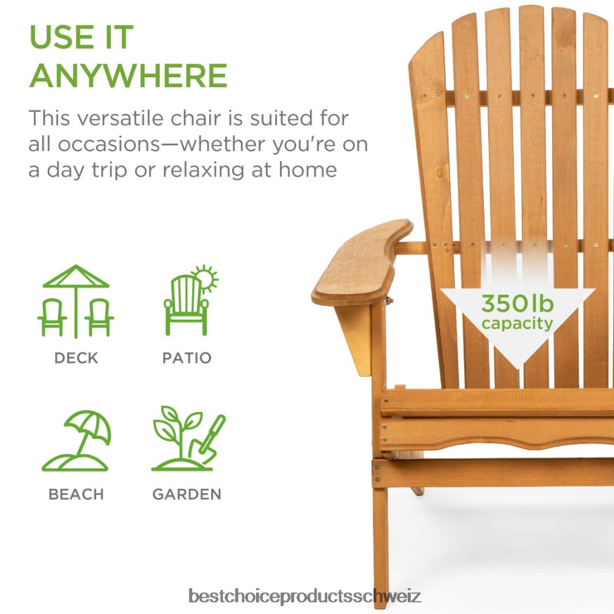 Best Choice Products Klappbarer Adirondack-Stuhl aus Holz, Akzentmöbel mit natürlicher Holzmaserung natürlich 2JD022745