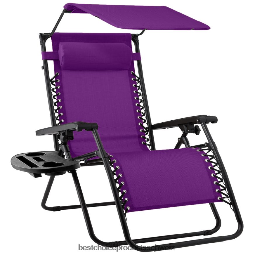 Best Choice Products Klappbarer Zero-Gravity-Liegestuhl für die Terrasse mit Überdachung und seitlicher Ablage Amethyst lila 2JD022787