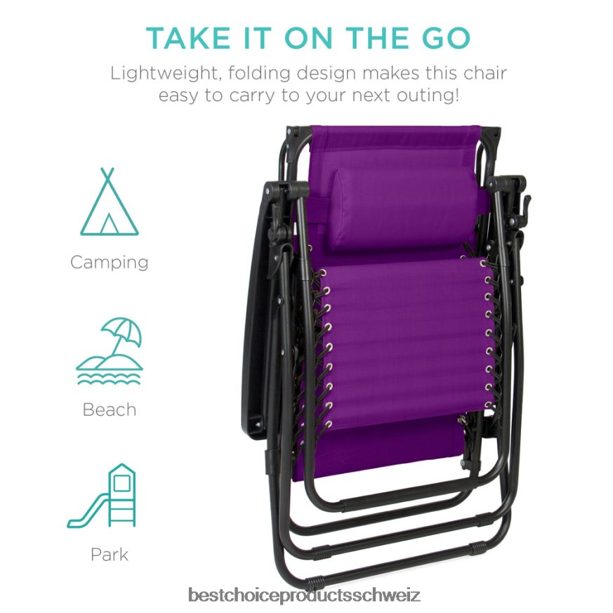 Best Choice Products Klappbarer Zero-Gravity-Liegestuhl für die Terrasse mit Überdachung und seitlicher Ablage Amethyst lila 2JD022787