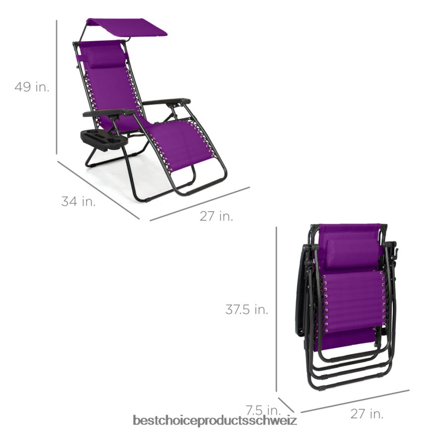 Best Choice Products Klappbarer Zero-Gravity-Liegestuhl für die Terrasse mit Überdachung und seitlicher Ablage Amethyst lila 2JD022787