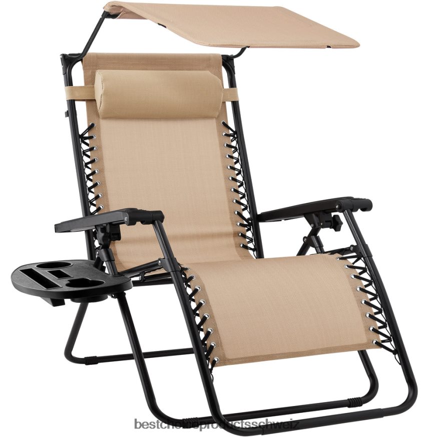 Best Choice Products Klappbarer Zero-Gravity-Liegestuhl für die Terrasse mit Überdachung und seitlicher Ablage Beige 2JD022770