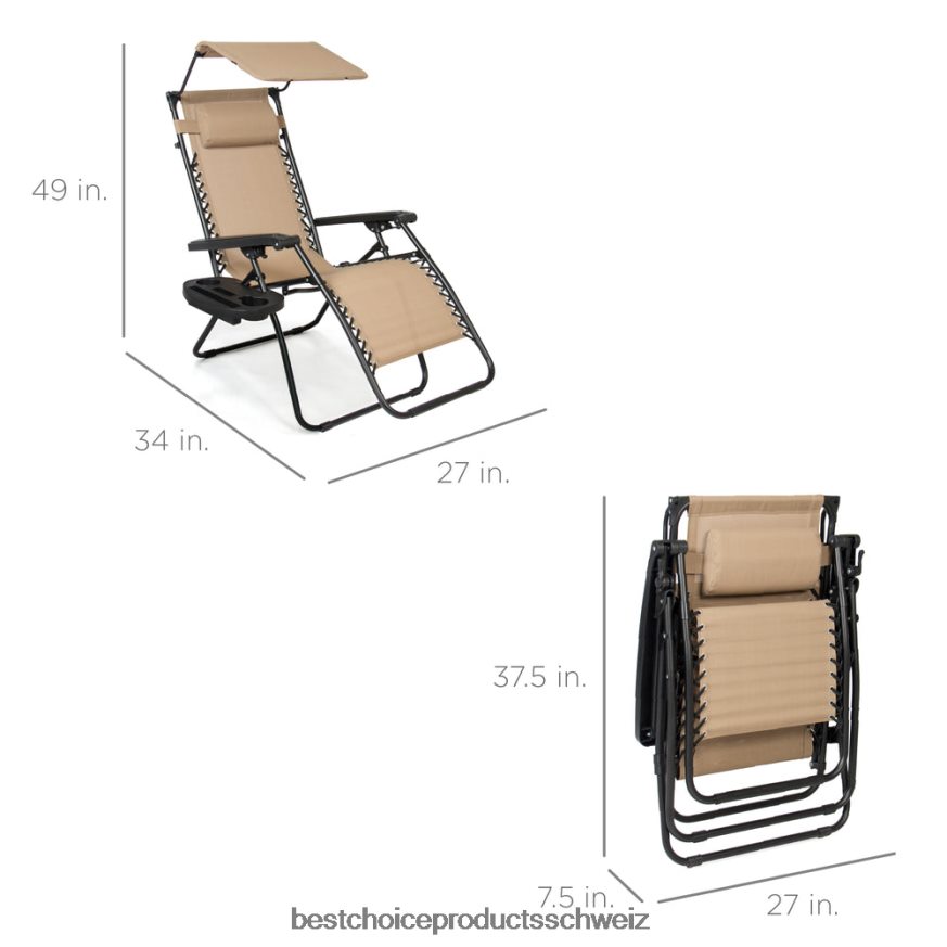 Best Choice Products Klappbarer Zero-Gravity-Liegestuhl für die Terrasse mit Überdachung und seitlicher Ablage Beige 2JD022770