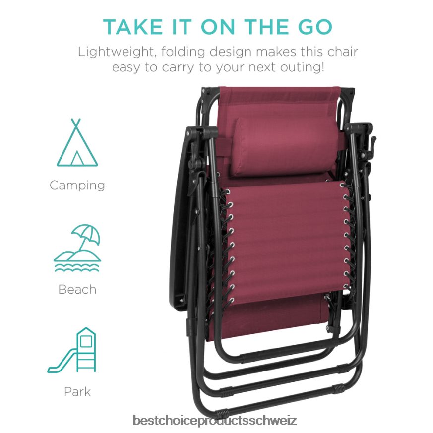 Best Choice Products Klappbarer Zero-Gravity-Liegestuhl für die Terrasse mit Überdachung und seitlicher Ablage Burgund 2JD022774