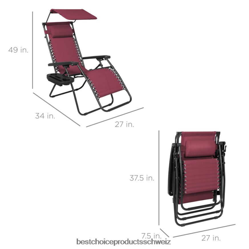 Best Choice Products Klappbarer Zero-Gravity-Liegestuhl für die Terrasse mit Überdachung und seitlicher Ablage Burgund 2JD022774
