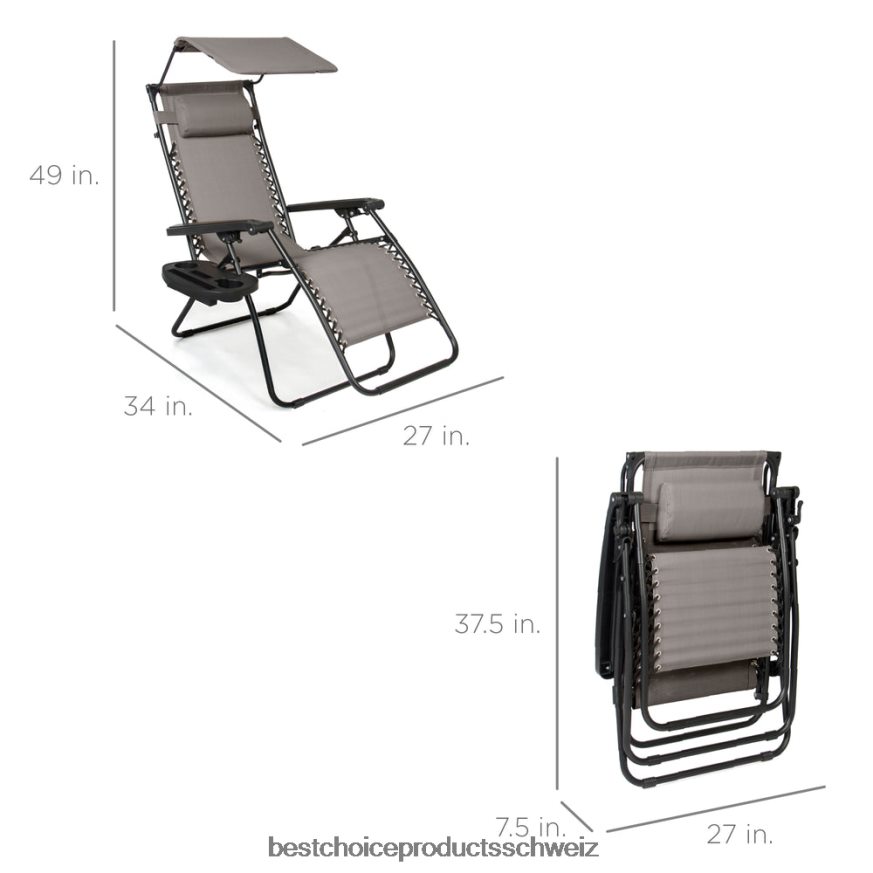 Best Choice Products Klappbarer Zero-Gravity-Liegestuhl für die Terrasse mit Überdachung und seitlicher Ablage Eisgrau 2JD022778