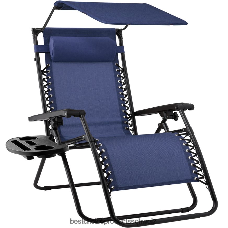 Best Choice Products Klappbarer Zero-Gravity-Liegestuhl für die Terrasse mit Überdachung und seitlicher Ablage Navy blau 2JD022775