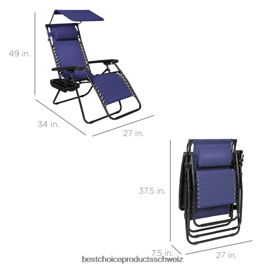 Best Choice Products Klappbarer Zero-Gravity-Liegestuhl für die Terrasse mit Überdachung und seitlicher Ablage Navy blau 2JD022775