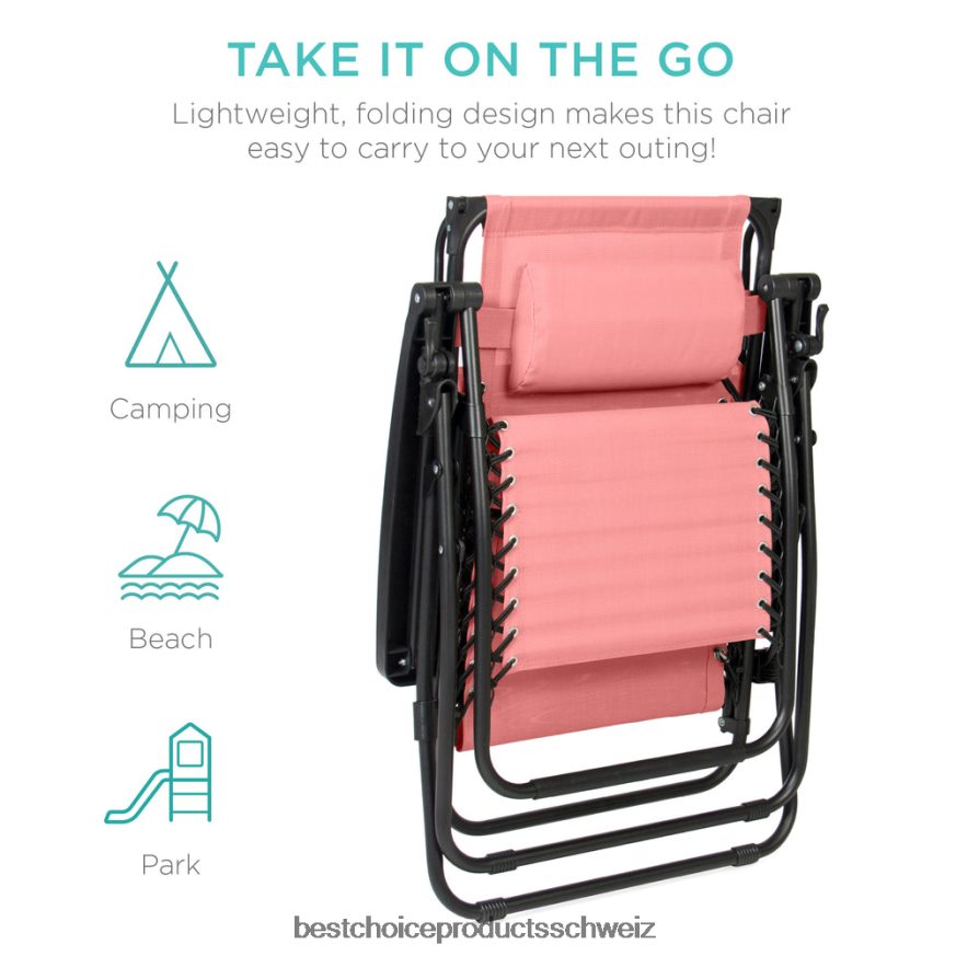 Best Choice Products Klappbarer Zero-Gravity-Liegestuhl für die Terrasse mit Überdachung und seitlicher Ablage Rosa 2JD022784