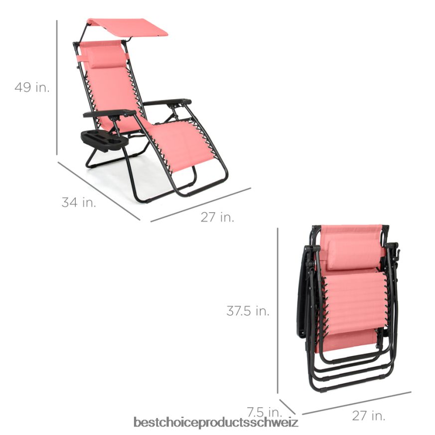 Best Choice Products Klappbarer Zero-Gravity-Liegestuhl für die Terrasse mit Überdachung und seitlicher Ablage Rosa 2JD022784