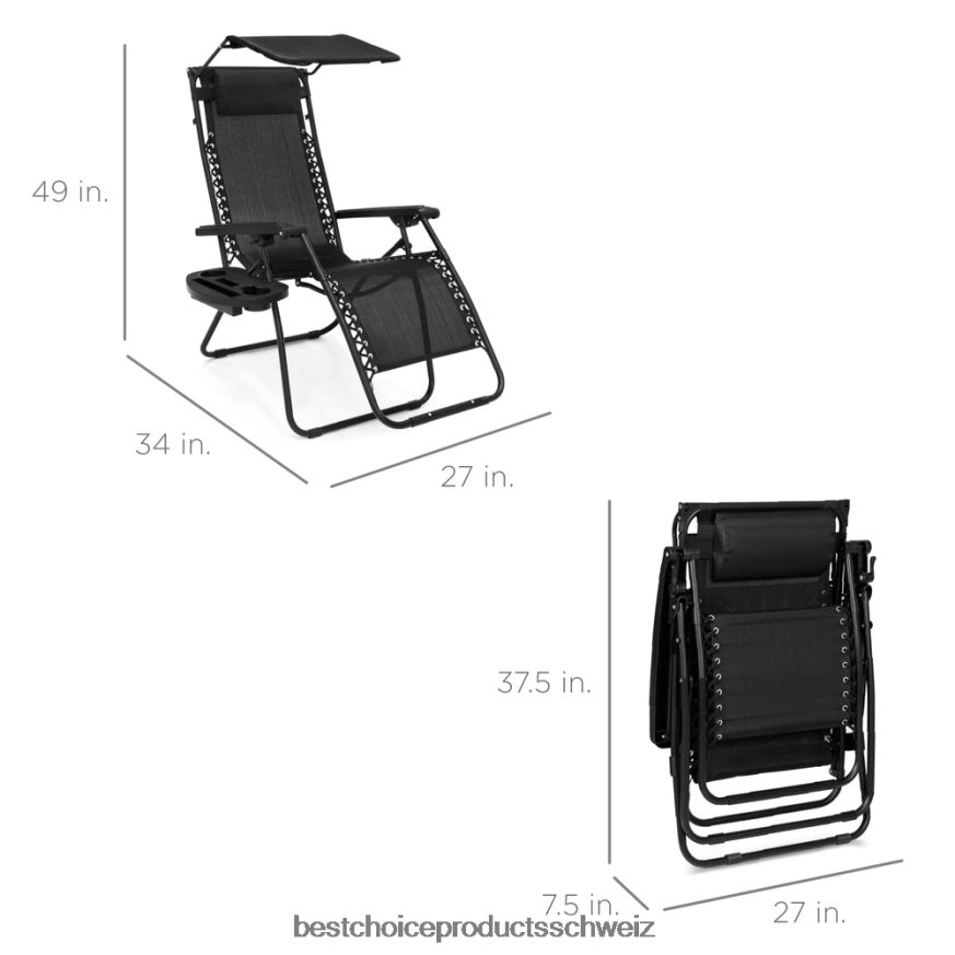 Best Choice Products Klappbarer Zero-Gravity-Liegestuhl für die Terrasse mit Überdachung und seitlicher Ablage Schwarz 2JD022772