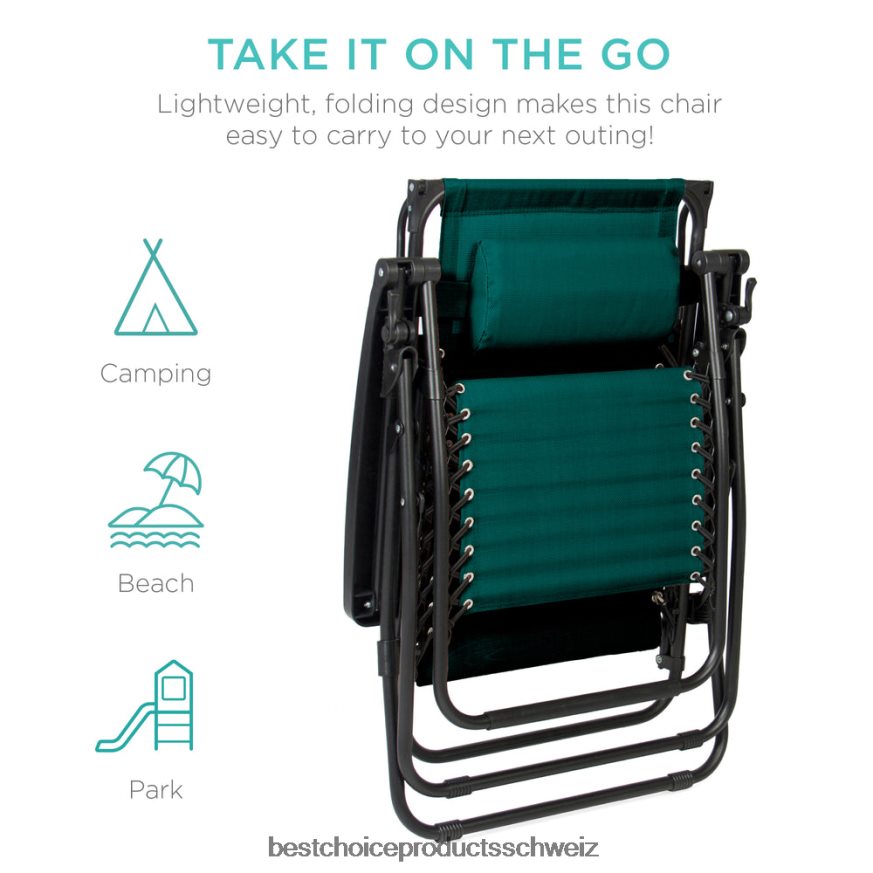 Best Choice Products Klappbarer Zero-Gravity-Liegestuhl für die Terrasse mit Überdachung und seitlicher Ablage Waldgrün 2JD022776