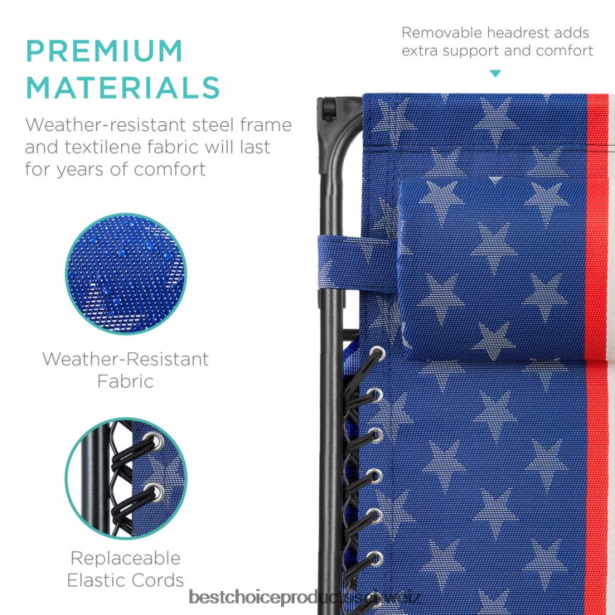 Best Choice Products Klappbarer Zero-Gravity-Liegestuhl für die Terrasse mit Überdachung und seitlicher Ablage amerikanische Flagge 2JD022790