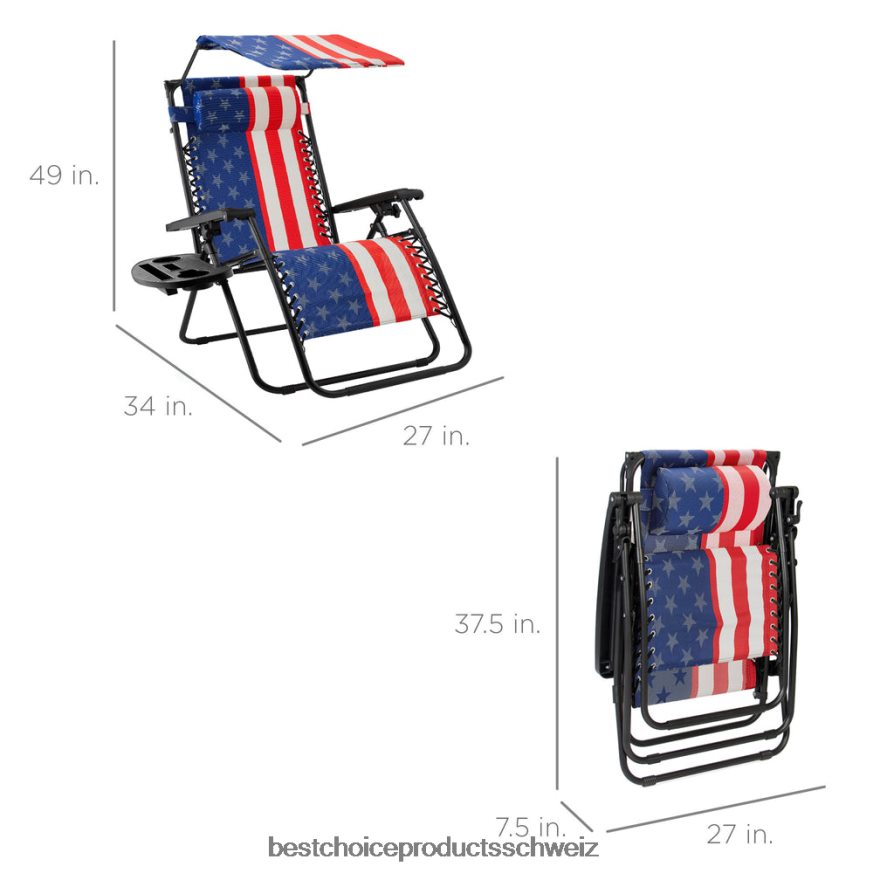 Best Choice Products Klappbarer Zero-Gravity-Liegestuhl für die Terrasse mit Überdachung und seitlicher Ablage amerikanische Flagge 2JD022790