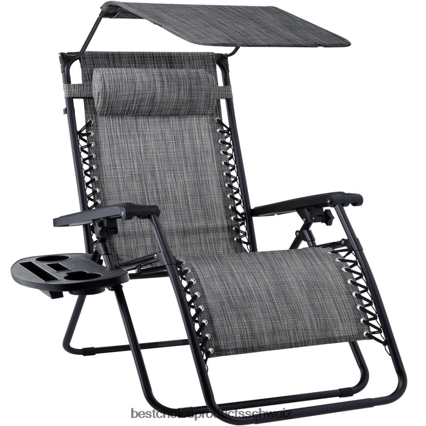 Best Choice Products Klappbarer Zero-Gravity-Liegestuhl für die Terrasse mit Überdachung und seitlicher Ablage grau 2JD022769