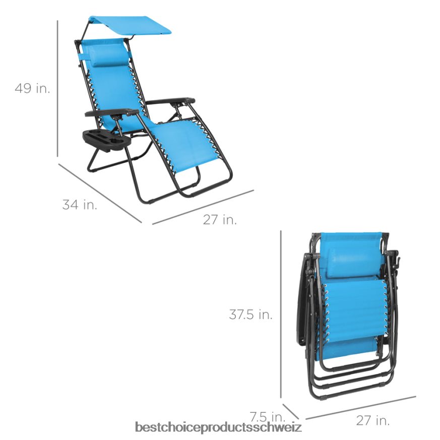 Best Choice Products Klappbarer Zero-Gravity-Liegestuhl für die Terrasse mit Überdachung und seitlicher Ablage hellblau 2JD022771