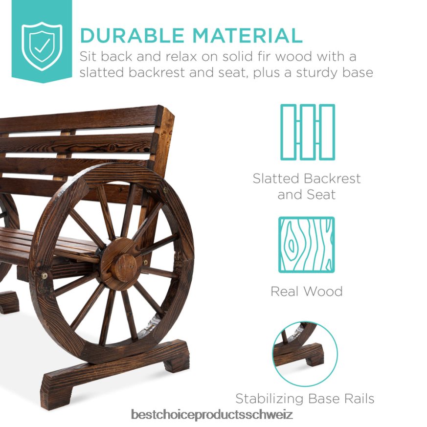 Best Choice Products Rustikale Wagenradbank aus Holz für 2 Personen mit Sitzfläche und Rückenlehne aus Lattenrost braun 2JD0221395