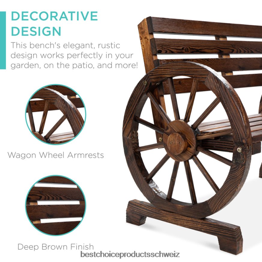 Best Choice Products Rustikale Wagenradbank aus Holz für 2 Personen mit Sitzfläche und Rückenlehne aus Lattenrost braun 2JD0221395