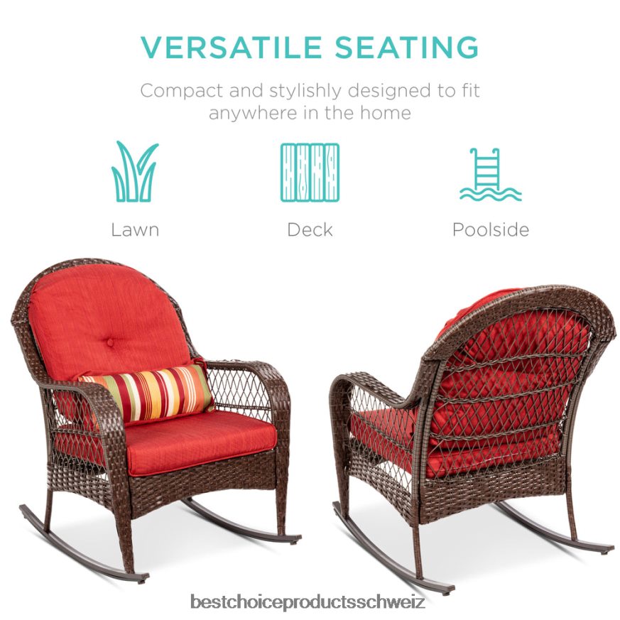 Best Choice Products Schaukelstuhl aus Korbgeflecht mit Stahlgestell, dekorativem Kissen und Kissen Rot 2JD0221473