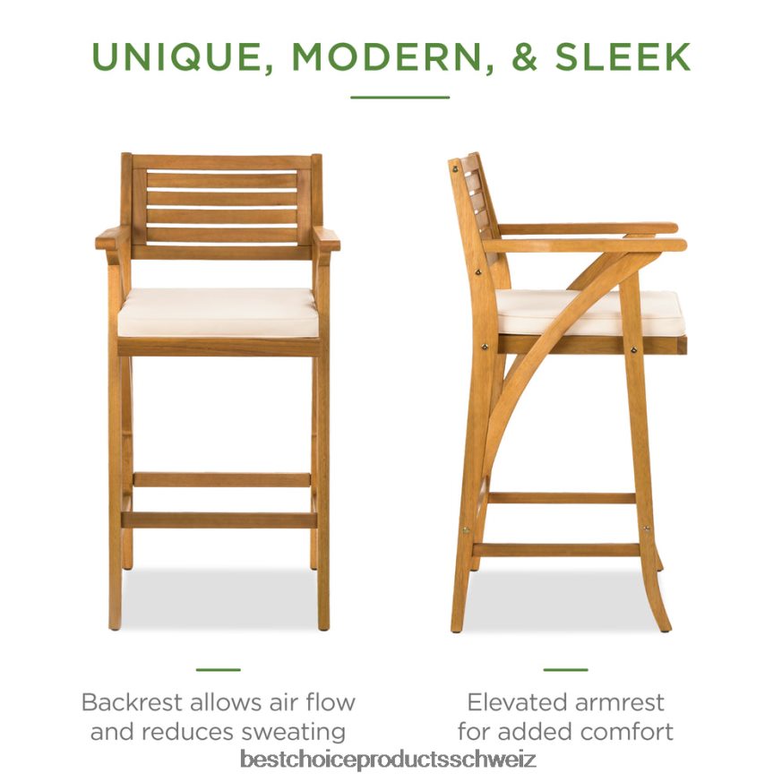 Best Choice Products Set aus 2 Barhockern und Stühlen für den Außenbereich aus Akazienholz mit wetterbeständigen Kissen braun 2JD022937