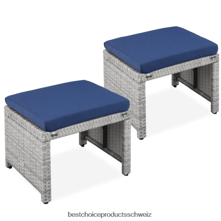 Best Choice Products Set aus 2 Mehrzweckhockern aus Korbgeflecht mit abnehmbaren Kissen, Stahlrahmen grau/marine 2JD022918