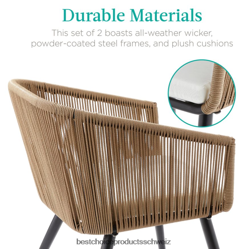 Best Choice Products Set aus 2 Terrassen-Essstühlen aus geflochtenem Korbgeflecht für den Innen- und Außenbereich, 250 Pfund Tragkraft natur/elfenbein 2JD0221437