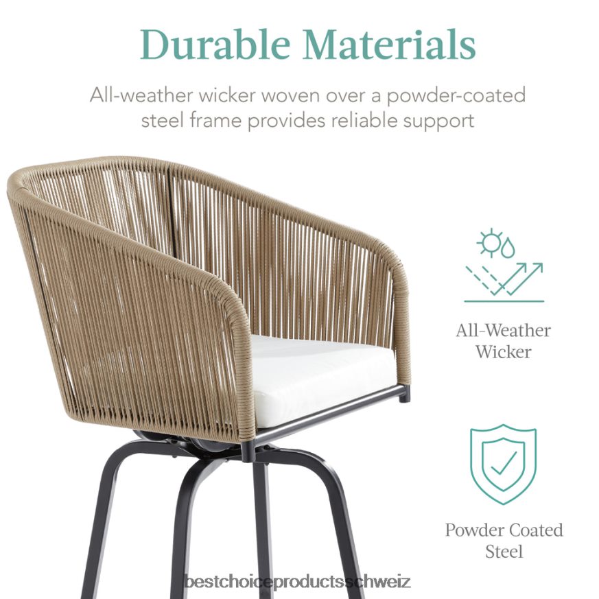 Best Choice Products Set aus 2 drehbaren Barhockern aus geflochtenem Korbgeflecht mit 360-Grad-Drehung und Stahlrahmen natur/elfenbein 2JD0221438