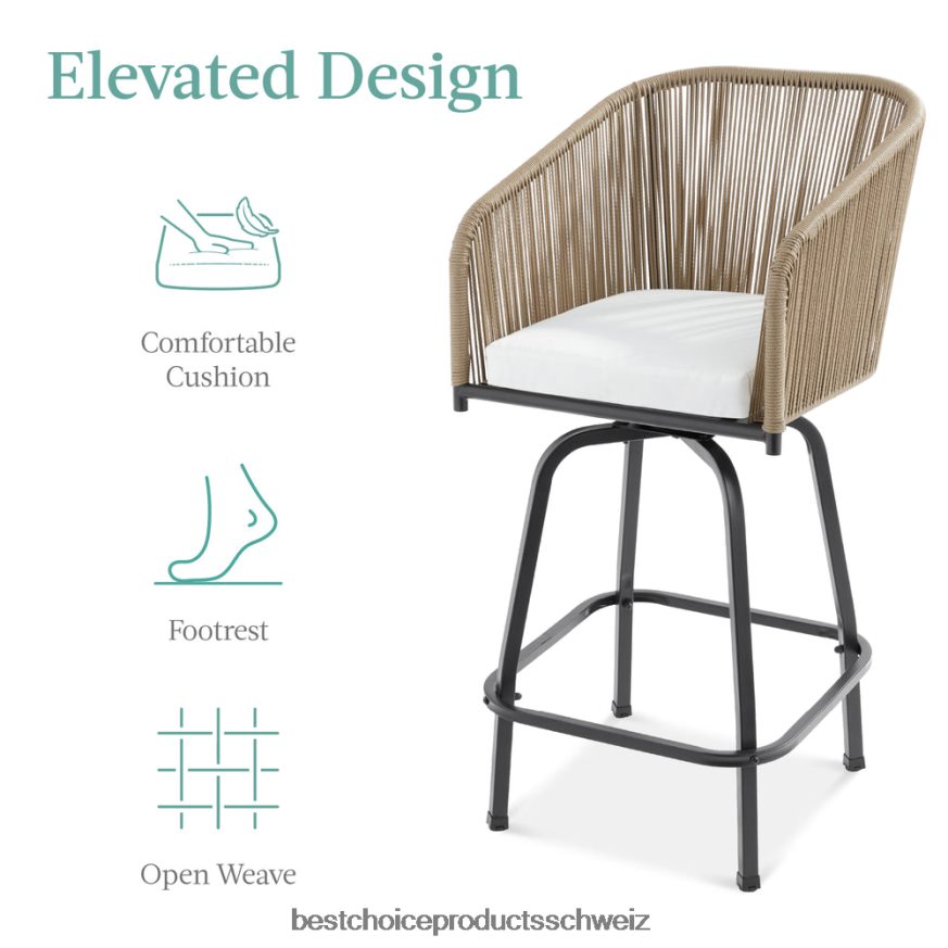 Best Choice Products Set aus 2 drehbaren Barhockern aus geflochtenem Korbgeflecht mit 360-Grad-Drehung und Stahlrahmen natur/elfenbein 2JD0221438