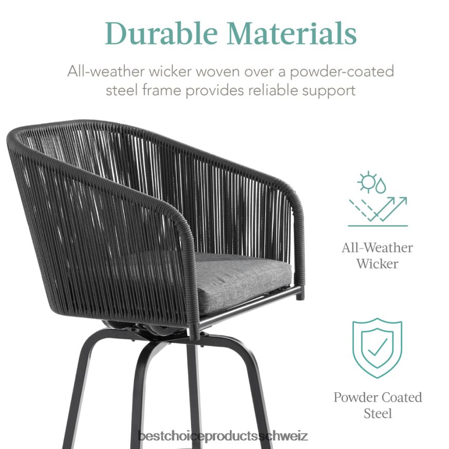 Best Choice Products Set aus 2 drehbaren Barhockern aus geflochtenem Korbgeflecht mit 360-Grad-Drehung und Stahlrahmen schwarzgrau 2JD0221439