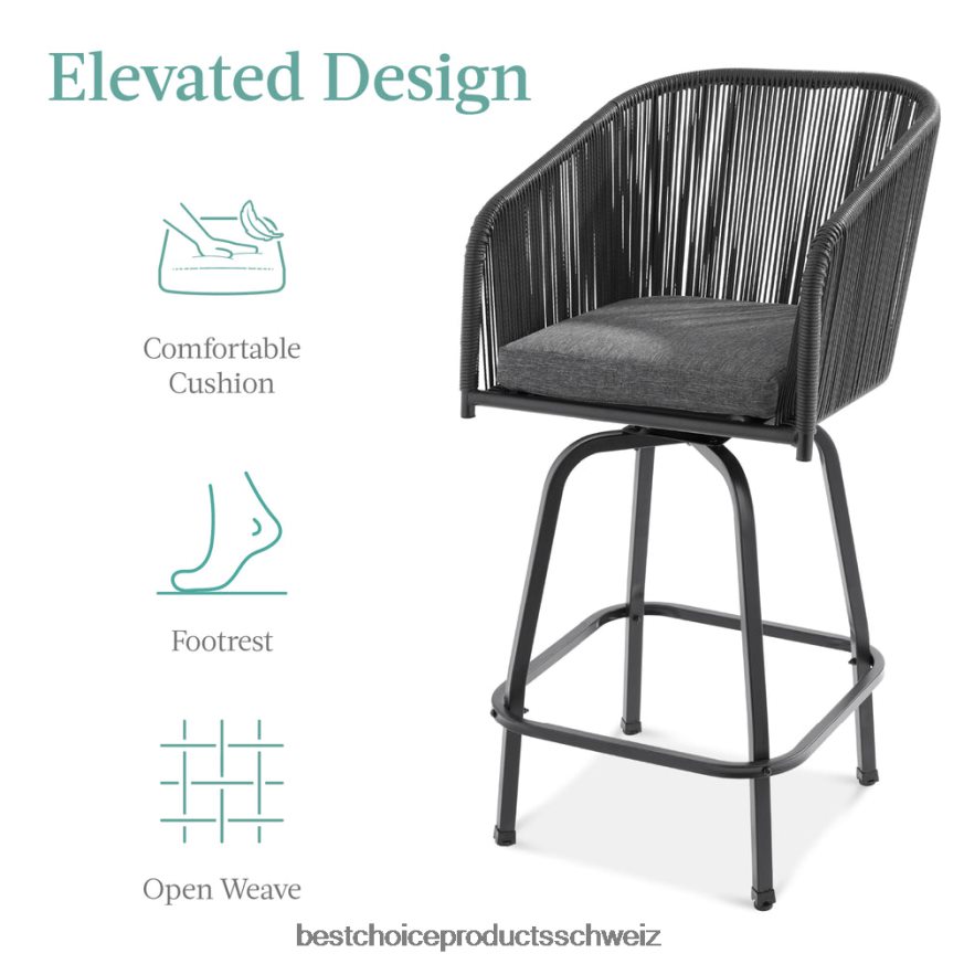 Best Choice Products Set aus 2 drehbaren Barhockern aus geflochtenem Korbgeflecht mit 360-Grad-Drehung und Stahlrahmen schwarzgrau 2JD0221439