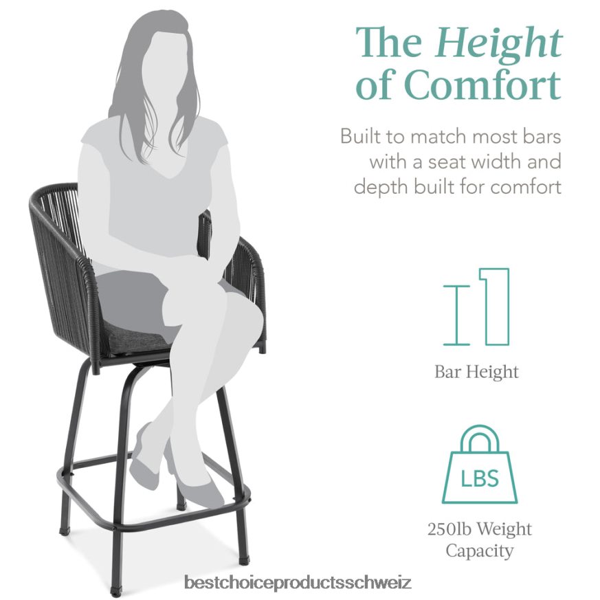 Best Choice Products Set aus 2 drehbaren Barhockern aus geflochtenem Korbgeflecht mit 360-Grad-Drehung und Stahlrahmen schwarzgrau 2JD0221439