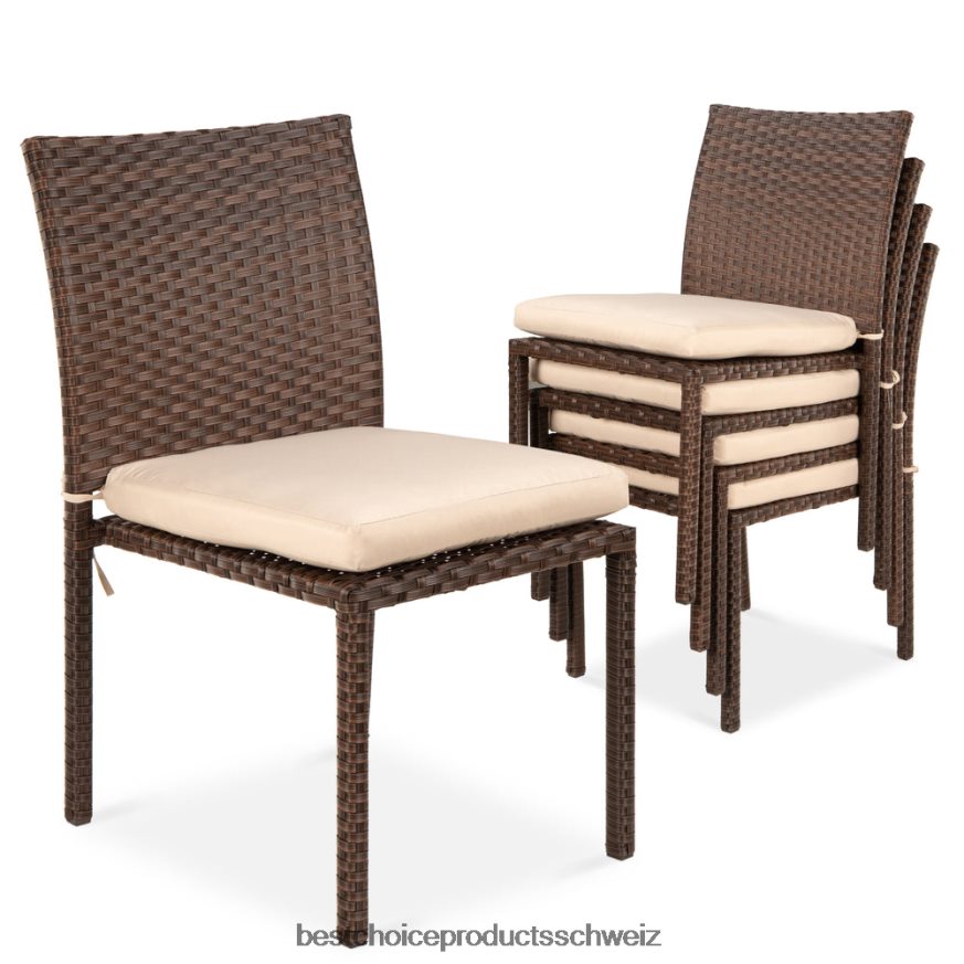 Best Choice Products Set aus 4 stapelbaren Korbstühlen für den Außenbereich mit Kissen, UV-beständig braun/creme 2JD0221425