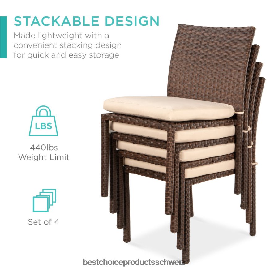 Best Choice Products Set aus 4 stapelbaren Korbstühlen für den Außenbereich mit Kissen, UV-beständig braun/creme 2JD0221425