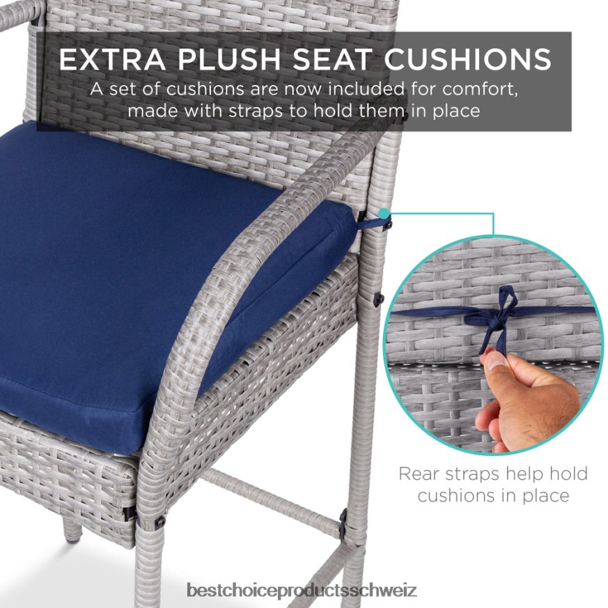Best Choice Products Set mit 2 Barhockern aus Korbgeflecht für den Innen- und Außenbereich mit Kissen, Fußstützen und Armlehnen grau 2JD022935