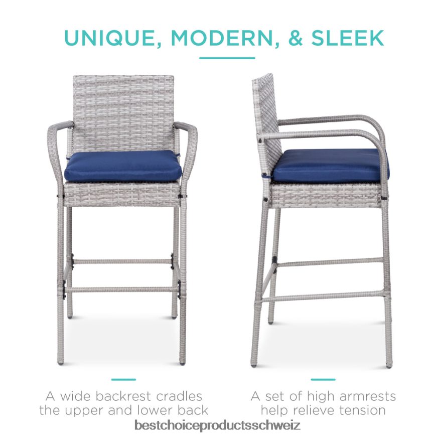 Best Choice Products Set mit 2 Barhockern aus Korbgeflecht für den Innen- und Außenbereich mit Kissen, Fußstützen und Armlehnen grau 2JD022935
