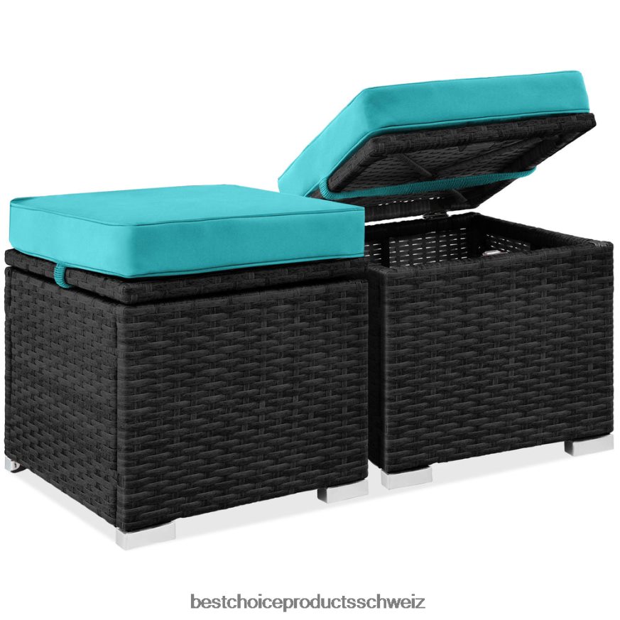 Best Choice Products Set mit 2 Ottomanen aus Korbgeflecht, vielseitig einsetzbar, mit abnehmbaren Kissen, Stahlrahmen schwarz/blaugrün 2JD022897