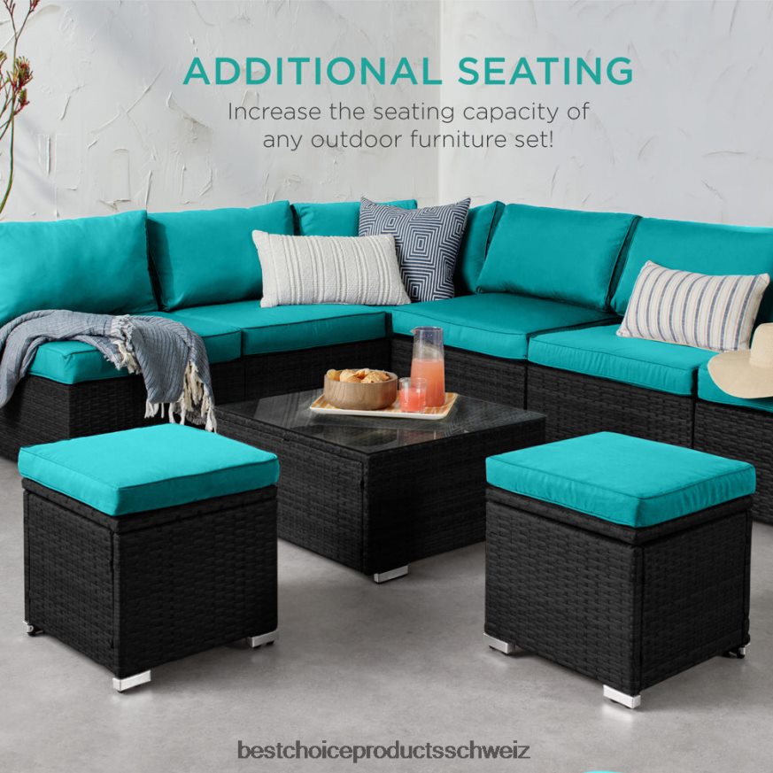 Best Choice Products Set mit 2 Ottomanen aus Korbgeflecht, vielseitig einsetzbar, mit abnehmbaren Kissen, Stahlrahmen schwarz/blaugrün 2JD022897