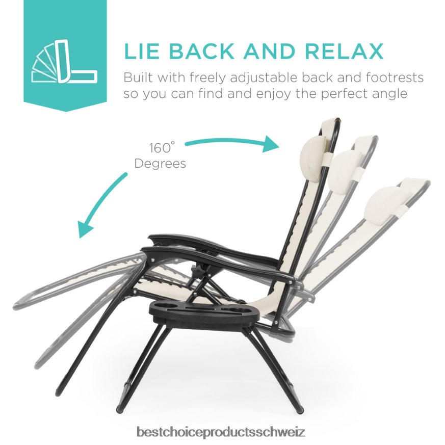 Best Choice Products Set mit 2 verstellbaren Zero-Gravity-Terrassensesseln mit Getränkehaltern Elfenbein 2JD022813