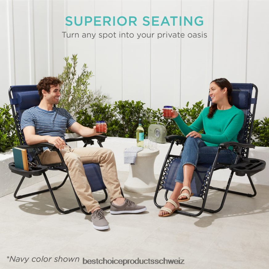 Best Choice Products Set mit 2 verstellbaren Zero-Gravity-Terrassensesseln mit Getränkehaltern Kobaltblau 2JD022803