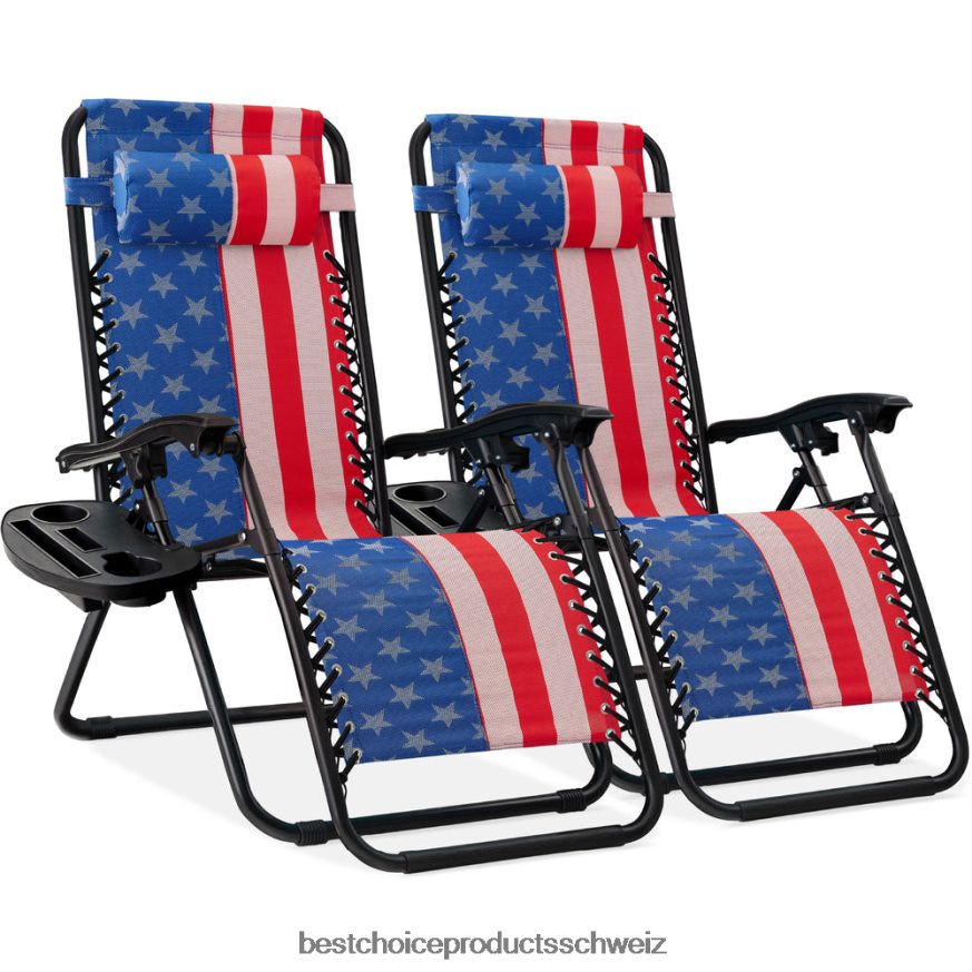 Best Choice Products Set mit 2 verstellbaren Zero-Gravity-Terrassensesseln mit Getränkehaltern amerikanische Flagge 2JD022802