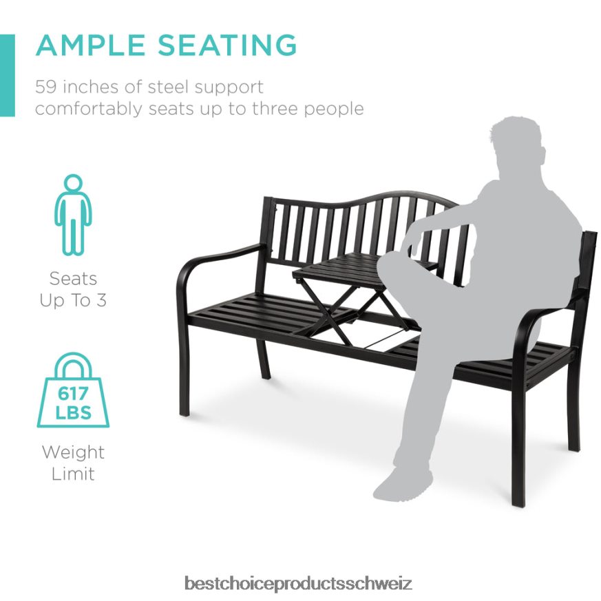 Best Choice Products Stahlbank für Außenterrasse und Garten mit ausziehbarem Mitteltisch Schwarz 2JD0221482