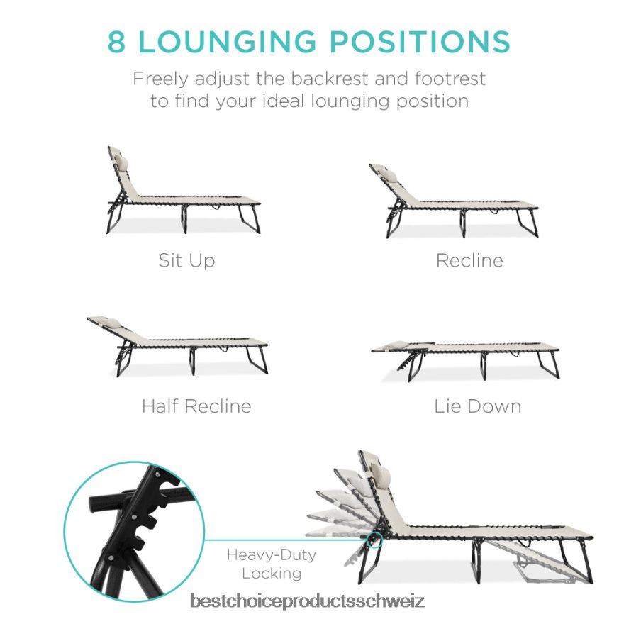 Best Choice Products Tragbarer Terrassen-Chaiselongue-Stuhl für den Außenbereich mit Kissen Elfenbein 2JD022834