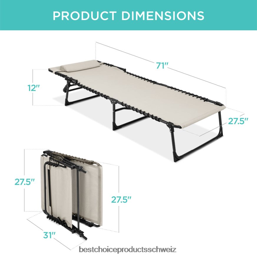 Best Choice Products Tragbarer Terrassen-Chaiselongue-Stuhl für den Außenbereich mit Kissen Elfenbein 2JD022834