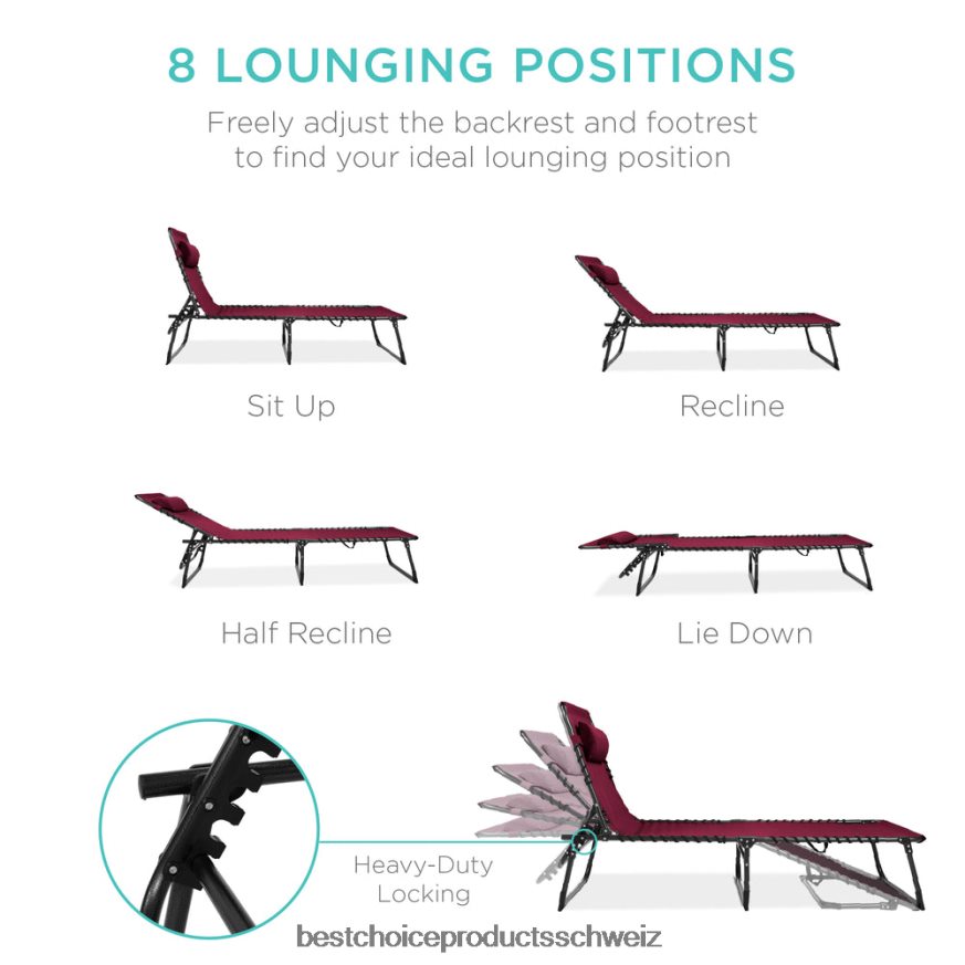 Best Choice Products Tragbarer Terrassen-Chaiselongue-Stuhl für den Außenbereich mit Kissen Weinrot 2JD022836