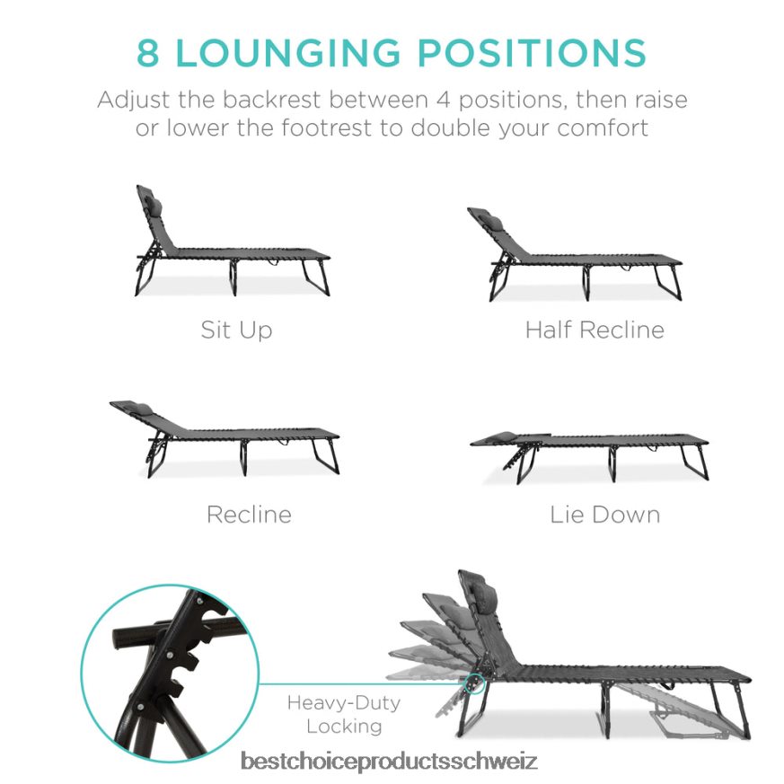 Best Choice Products Tragbarer Terrassen-Chaiselongue-Stuhl für den Außenbereich mit Kissen grau 2JD022830