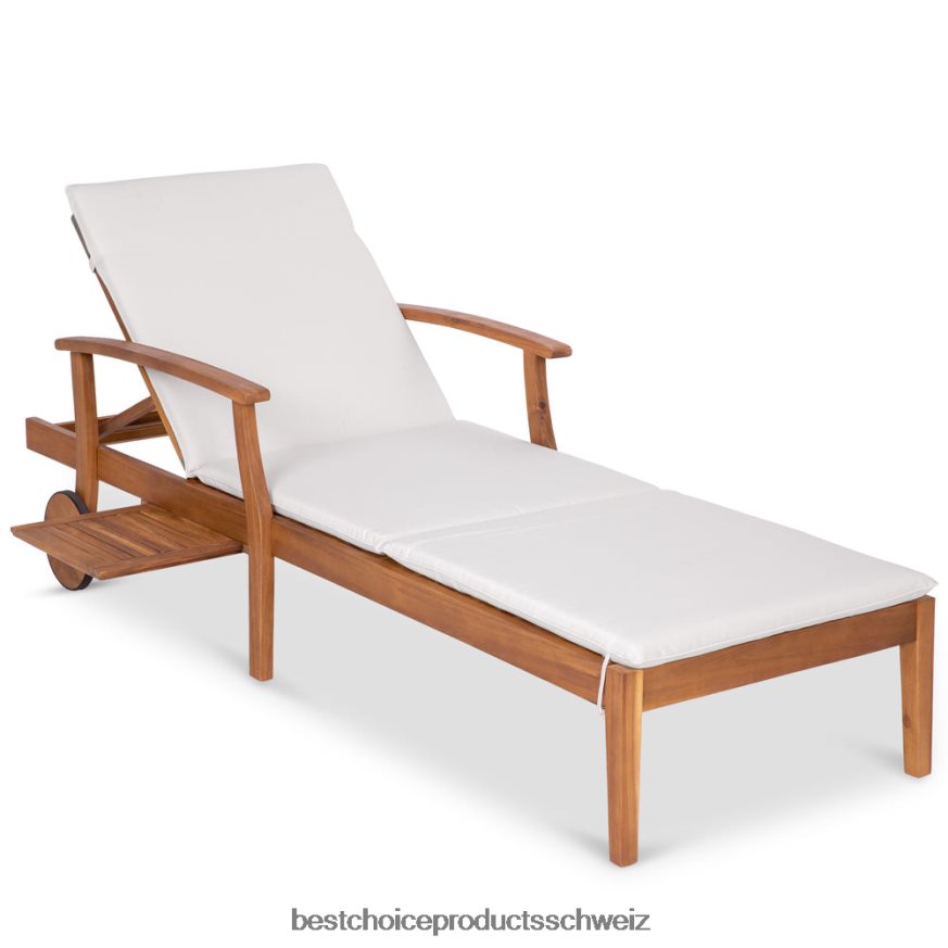 Best Choice Products Verstellbarer Chaiselongue-Sessel aus Akazienholz mit Beistelltisch und Rollen Creme 2JD022872