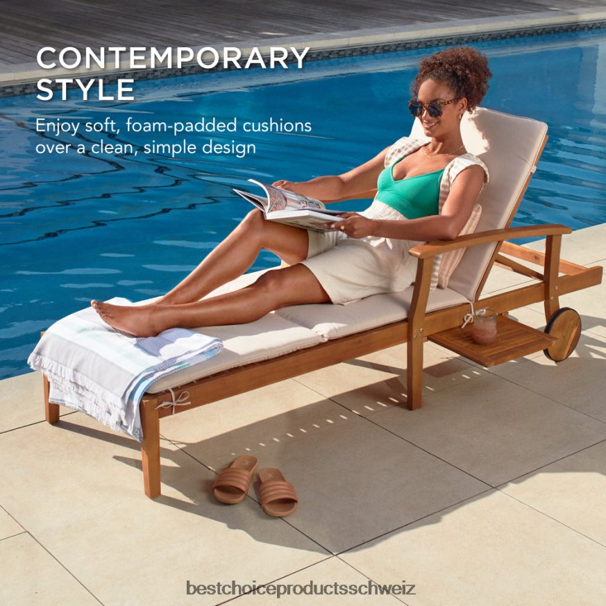 Best Choice Products Verstellbarer Chaiselongue-Sessel aus Akazienholz mit Beistelltisch und Rollen Creme 2JD022872