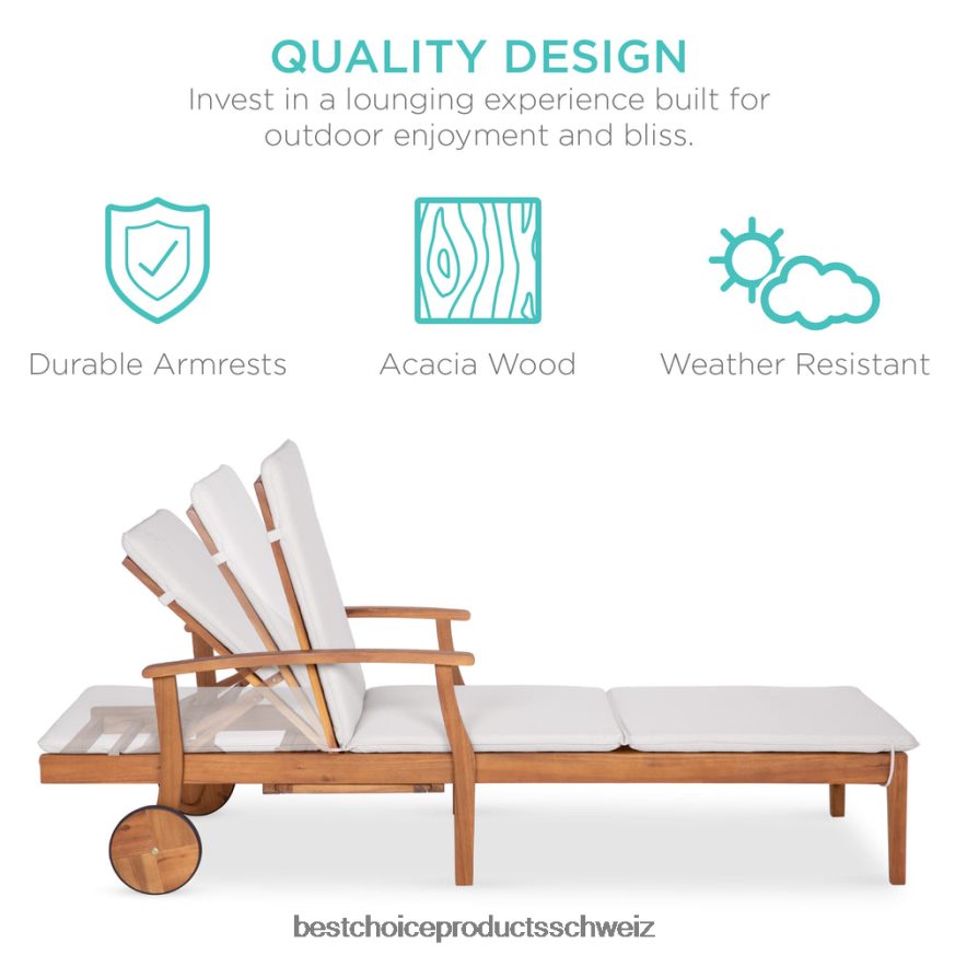 Best Choice Products Verstellbarer Chaiselongue-Sessel aus Akazienholz mit Beistelltisch und Rollen Creme 2JD022872